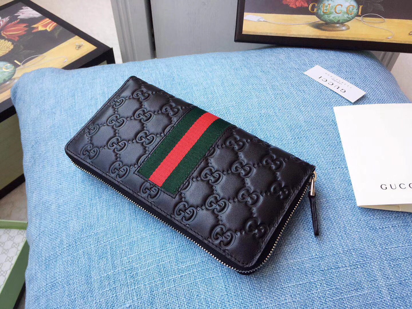 Gucci Black Signature Web zip around wallet