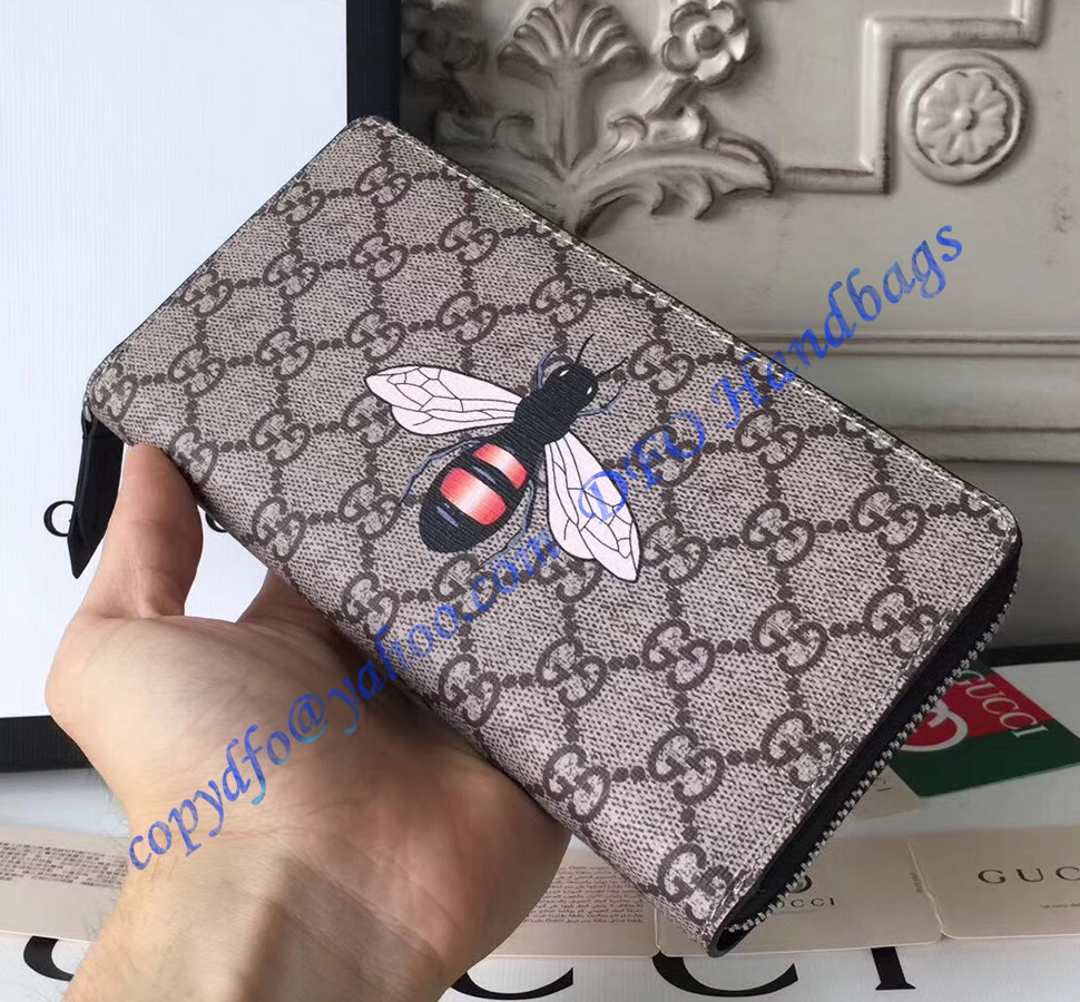 Gucci Bee Print GG Supreme Zip Around Wallet with Black Leather Trim