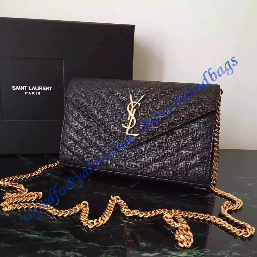 Monogram Saint Laurent Chain Wallet in Black Grain de Poudre Textured